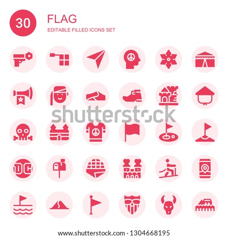 flag icon set. Collection of 30 filled flag icons included Peace, Offside, Navigator, Shuriken, Vuvuzela, Armenian, Dunes, Leprechaun shoe, Castle, Skull, Flag, Golf, Dc, Letterbox