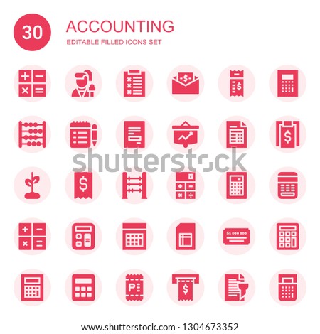 accounting icon set. Collection of 30 filled accounting icons included Calculation, Reporter, Report, Bill, Abacus, Receipt, Growth, Invoice, Calculator, Sheet, Cheque