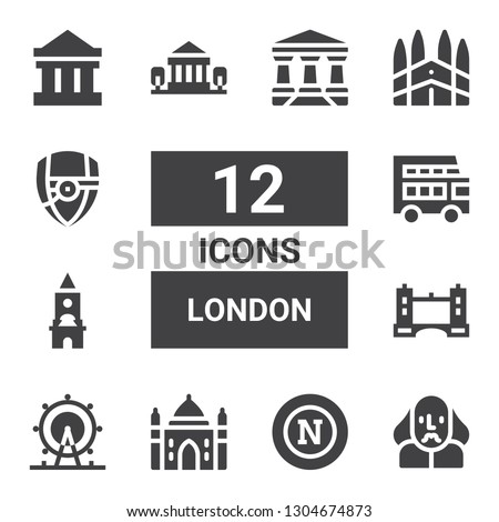 london icon set. Collection of 12 filled london icons included Shakespeare, Napoli, Agra, London eye, Tower bridge, Clock tower, Double decker bus, Parthenon, Barcelona, Arsenal