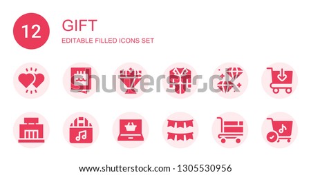 gift icon set. Collection of 12 filled gift icons included Hearts, Invitation, Flower bouquet, Tux, Diamond, Mall, Shopping bag, Shopping online, Garland, Shopping cart, Buy online