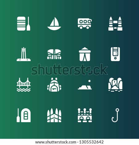 tourism icon set. Collection of 16 filled tourism icons included Hook, Bridge, Barcelona, Raft, Waterfall, Desert, Backpack, Golden gate, Tower, Tent, Indonesia, Quezon memorial circle