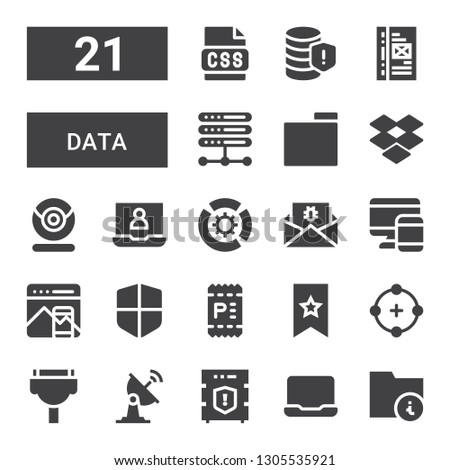 data icon set. Collection of 21 filled data icons included Folder, Laptop, Data protection, Satellite dish, Cable, Circle, Bookmark, Invoice, Firewall, Responsive design, Devices