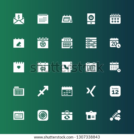 calendar icon set. Collection of 25 filled calendar icons included Fitness, Calendar, Music memos, Schedule, Xing, Sagittarius, Agenda, Event, Taxes