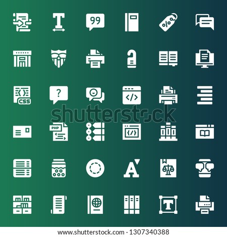 text icon set. Collection of 36 filled text icons included Printer, Text, Books, Book, Papyrus, Bookshelf, Chatting, Font, Gif, Bubble, Css, Timeline, Php, Postcard, Align right