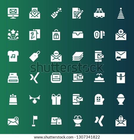 new icon set. Collection of 36 filled new icons included Mail, Xing, Fountain, Shopping bag, Corner, Email, Boiled egg, Mitten, Message, Present, Garland, Paper bag, Bag, Register