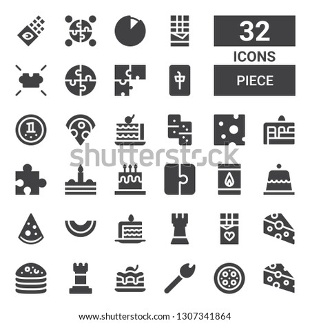 piece icon set. Collection of 32 filled piece icons included Cheese, Pizza, Match, Brownie, Chess, Cake, Chocolate, Rook, Cake slice, Melon, Dessert, Matches, Puzzle, Domino, Mahjong