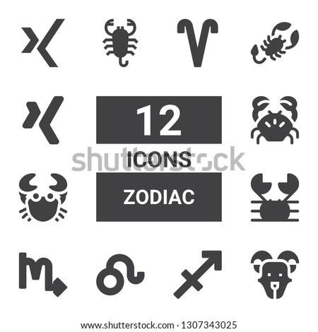 zodiac icon set. Collection of 12 filled zodiac icons included Goat, Sagittarius, Leo, Scorpio, Crab, Scorpion, Xing, Aries