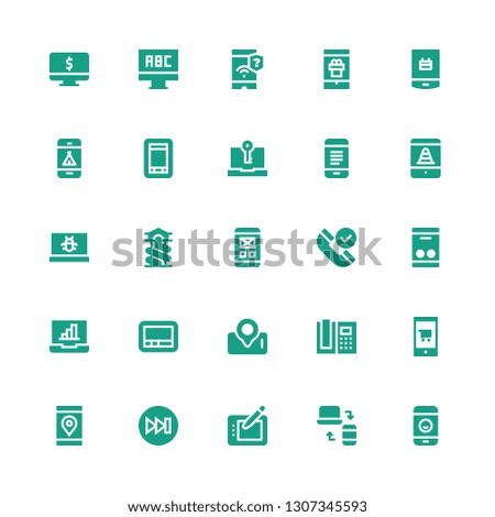 smartphone icon set. Collection of 25 filled smartphone icons included Smartphone, Responsive, Graphic tablet, Forwards, Phone, Pager, Laptop, Slide, Mobile, Computer