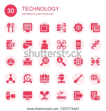 technology icon set. Collection of 30 filled technology icons included Mixer, Html, Television, Hosting, Settings, Smartphone, Payment, Toaster, Drone, Medical app, Paramount