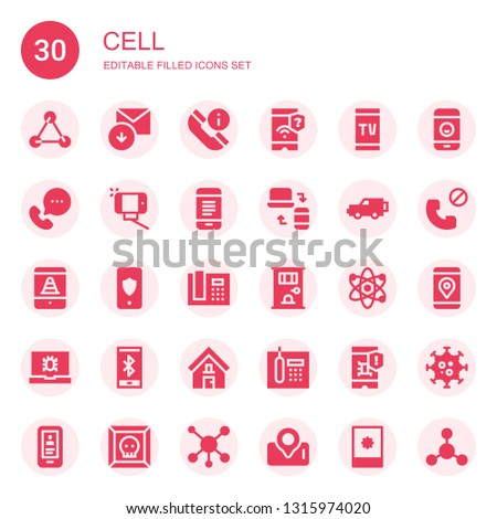 cell icon set. Collection of 30 filled cell icons included Molecules, Received, Phone, Smartphone, Call, Selfie, Mobile, Responsive, x, Phone receiver, Jail, Atom, Virus, Address