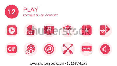 play icon set. Collection of 12 filled play icons included Itunes, Ducky, Music player, Rattle, Gif, Football, Arrows, Scoreboard, Domino, Reduce volume