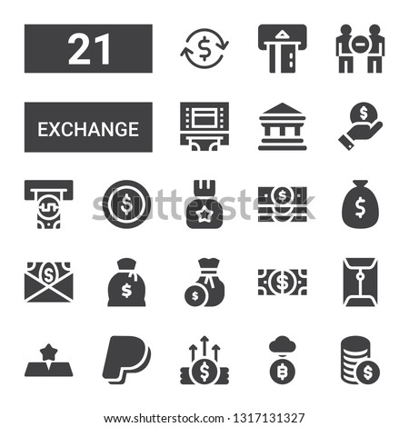 exchange icon set. Collection of 21 filled exchange icons included Money, Bitcoin, Paypal, Gold, Coin, Dollar, Banknote, Dollar coins, Atm, Finance, Bank, Communication, Investment