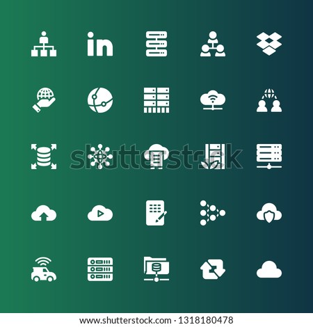 networking icon set. Collection of 25 filled networking icons included Cloud computing, Retweet, Server, Database, Connection, Network, Cloud data, Networking, Dropbox, Hierarchical structure