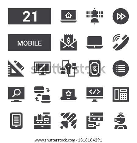 mobile icon set. Collection of 21 filled mobile icons included Call center, Browsers, Satellite, Cashier, Ebook, Telephone, Coding, Laptop, Responsive, Television, Menu, Card