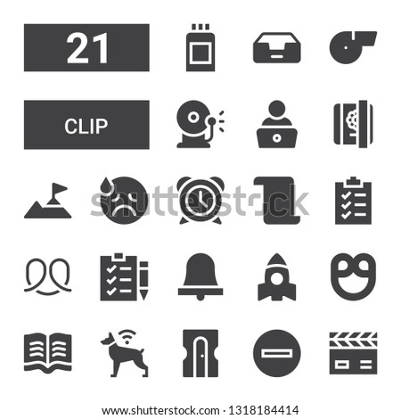 clip icon set. Collection of 21 filled clip icons included Clapperboard, Minus, Sharpener, Dog, Read, Pretzel, Rocket, Bell, Check list, Clipboard, List, Alarm, Sad, Climbing