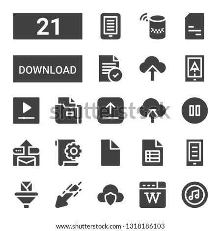 download icon set. Collection of 21 filled download icons included Itunes, Wikipedia, Cloud computing, Download, Email, Ebook, File, Pause, Upload, Youtube, Navigation, Doc, Server