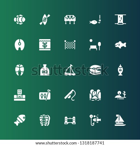 river icon set. Collection of 25 filled river icons included Sailboat, Fishing, Tower bridge, Salmon, Fish, Hill, Waterfall, Fishing rod, Sardines, Flood, Park, Fishing net, Bridge