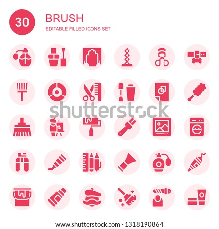 brush icon set. Collection of 30 filled brush icons included Perfume, Nail polish, Cleaning, Sculpture, Eyelashes curler, Paint brush, Color palette, Grooming, Graphic design