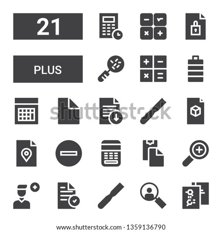 plus icon set. Collection of 21 filled plus icons included File, Loupe, Add user, Add, Paste clipboard, Calculator, Minus, Full battery