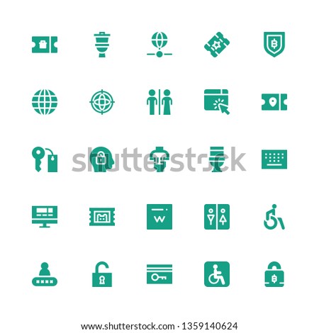 access icon set. Collection of 25 filled access icons included Padlock, Disability, Key card, Unlock, Password, Disabled, Restroom, Domain, Ticket, Website, Keypad, Toilet, Handle