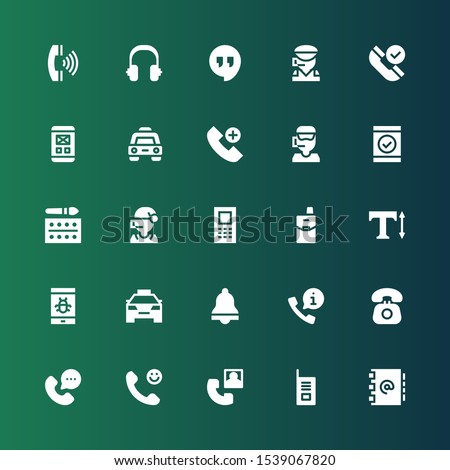 call icon set. Collection of 25 filled call icons included Address book, Walkie talkie, Phone call, Calling, Phone, Telephone, Bell, Taxi, Smartphone, Text, Cellphone, Mobile