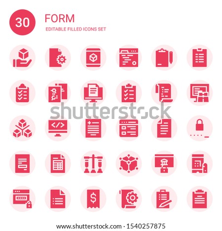 form icon set. Collection of 30 filled form icons included Cube, File, Code, Clipboard, Document, List, Coding, Prescription, Paper, Receipt, Invoice, Test, Password