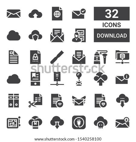 download icon set. Collection of 32 filled download icons included Email, Cloud, Itunes, Download, Navigation, Cloud computing, File, Archives, Mail, Server, Ebook, Icloud, Tube