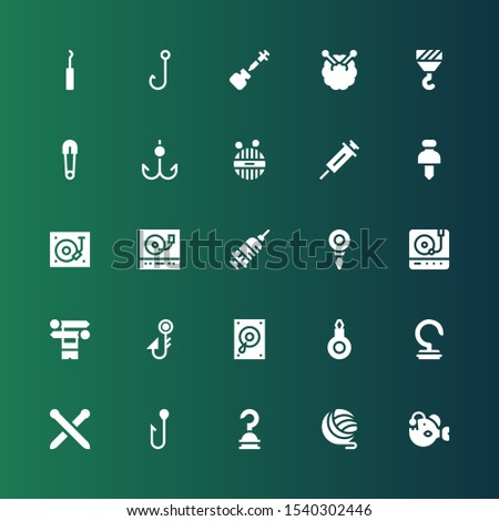 needle icon set. Collection of 25 filled needle icons included Angler, Yarn, Hook, Knitting neddles, Threader, Record player, Fishing hook, Knit, Turntable, Injection, Pushpin