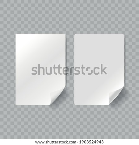 Vector white realistic paper adhesive stickers with curved left corner on transparent background.