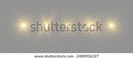 Set of glow bright stars, flare of sunshine with rays, star burst with brilliance, yellow glowing light burst on a transparent background, golden light effect, yellow sun rays, vector illustration.