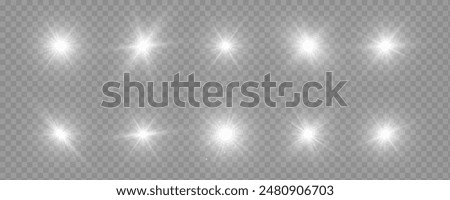 The star burst with brilliance, white sun rays, set of white glowing light burst on a transparent background, glow bright stars, light effect, flare of sunshine with rays, vector illustration, eps 10.