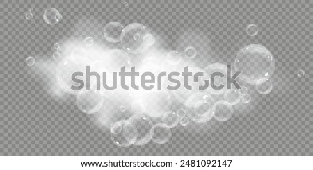 Soap foam isolated on transparent background. Set of bath foam with shampoo bubbles. Soap, gel or shampoo bubbles overlay 