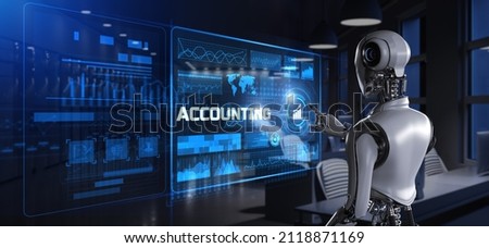 Accounting business process automation RPA concept. Robot pressing button on screen 3d render. ストックフォト © 