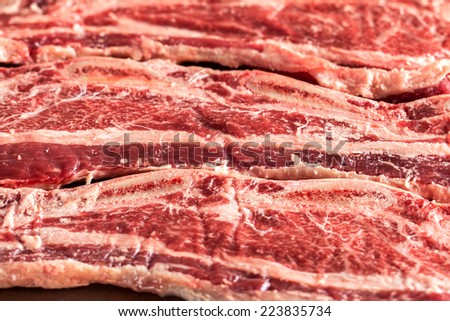 Close up of freshly sliced Korean style short ribs beef
