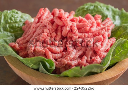 Closeup of bowl full of raw red lean ground meat beef