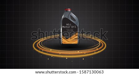 Bottle engine oil on a background a motor-car piston, Technical illustrations. Realistic 3D vector image. canister ads template with brand logo. Engine oil advertisement banner