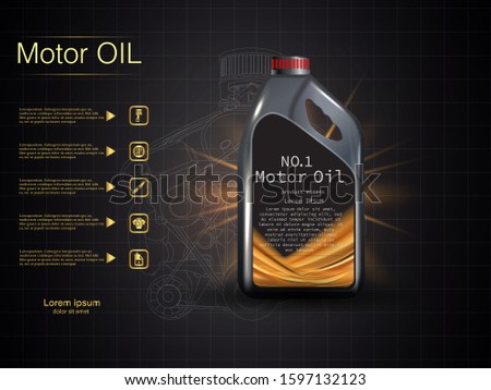 Bottle engine oil on a background a motor-car piston, Technical illustrations. Realistic 3D vector image. canister ads template with brand logo. Engine oil advertisement banner