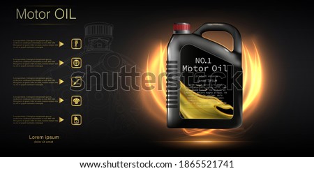 Bottle engine oil on a background a motor-car piston, Technical illustrations. Realistic 3D vector image. canister ads template with brand logo. Engine oil advertisement banner