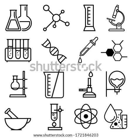 Chemical lab vector icon set. research illustration sign collection. Chemistry and biotechnology symbol.