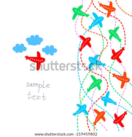 Cute multicolor airplane with contrails. Vertical Sky Travel page design. As postcard, frame for your text, for flight tickets design. On white.