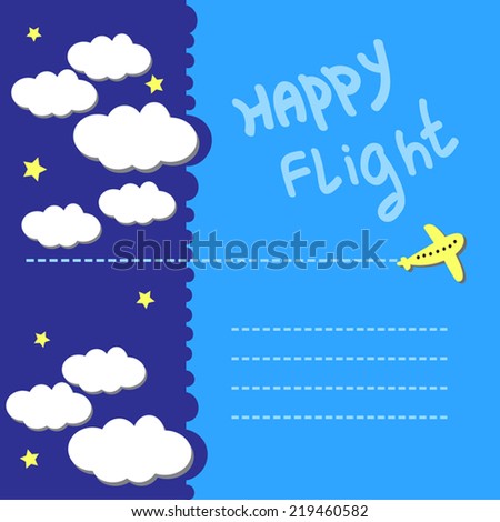 Happy flight concept illustration. Cute card with yellow airplane, contrail, blue sky, cute clouds. Vertical Sky Travel page design. Blue day and night background. As card, for flight tickets design.