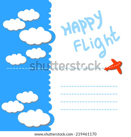 Happy flight concept illustration. Cute card with retro airplane, contrail, blue sky, cute clouds. Vertical Sky Travel page design. As postcard, frame for your text, for flight tickets design.