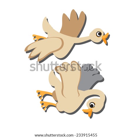 White geese. Two cute fat bird flying. Farm animal silhouette.Vector illustration.Eps 10.On white background.