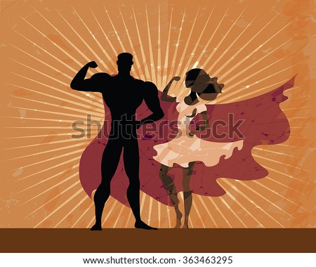 Super hero couple - man and woman black silhouettes posing on grunge sunburn background. Heroes couple on vintage background. Man wear red cloak, woman in white dress. Retro american poster style.