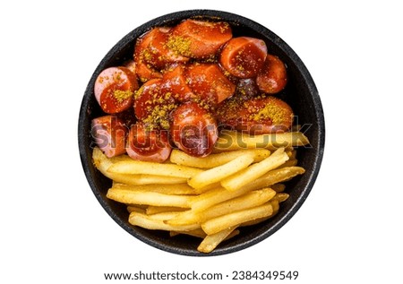 Similar – Image, Stock Photo German Currywurst sausage with curry ketchup, roasted onions and French fries with mayonnaise in the city