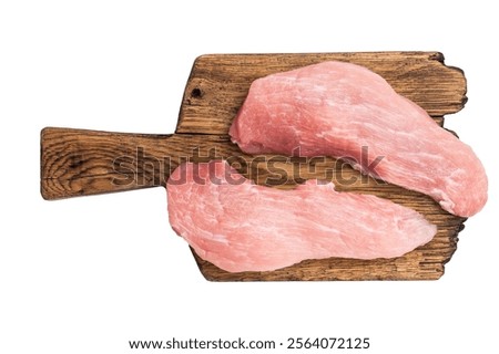 Similar – Foto Bild Rohes Schweinesteak auf einem Teller, Ansicht von oben. Steak isoliert auf blauem Hintergrund