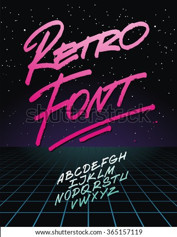 Retro font on light grid background. Vector alphabet