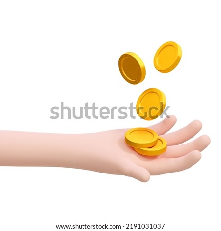 3d render realistic hand with flying gold coins. Vector illustration