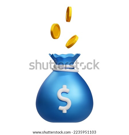 3D blue money bag with dollar and falling gold coins icon. Cash, interest rate, business and finance, return on investment, financial solution, prepayment and down payment concept. Vector cartoon