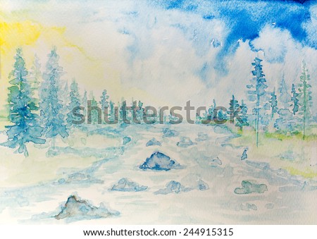watercolor painting landscape Sunset on the river  Before winter Watercolor landscape. A quiet spring evening. Young trees have dismissed the leaves of the smooth surface of a calm lake